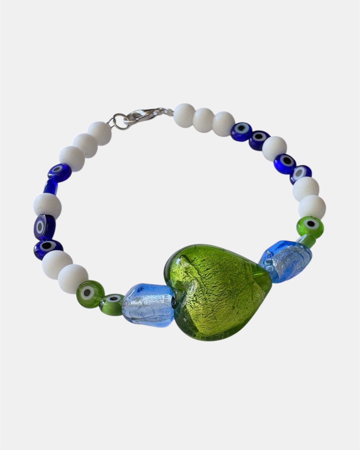 green bracelet with glass heart and evil eye beads, handmade jewelry piece for women and girls