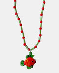 green and red necklace with glass beads and fish charm, handmade jewelry piece for women and girls