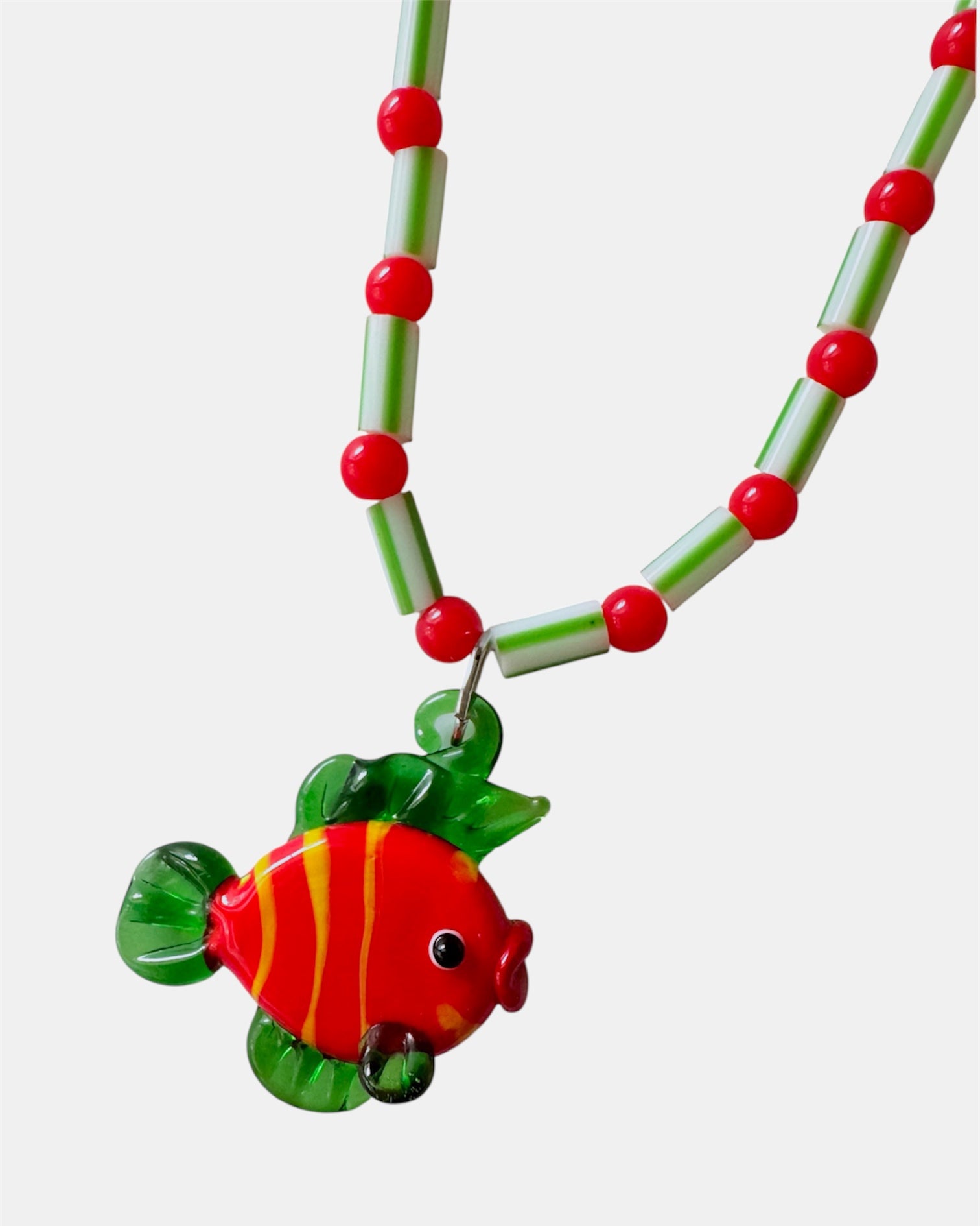 green and red necklace with glass beads and fish charm, handmade jewelry piece for women and girls