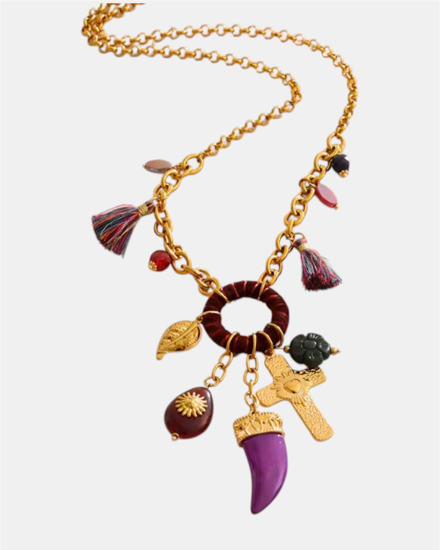 Χειροποίητο γυναικείο χρυσό κρεμαστό κολιέ με μωβ στοιχεία