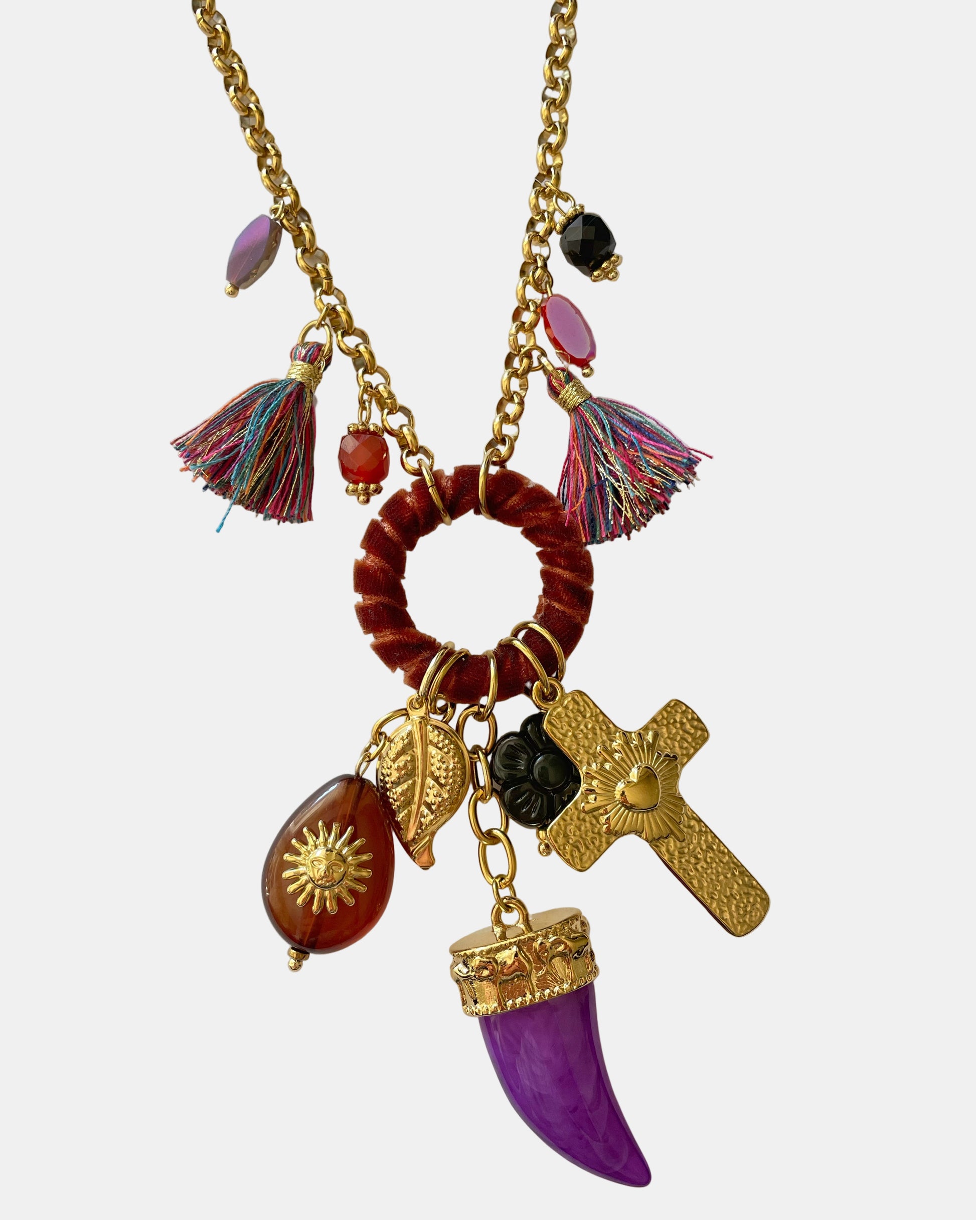 Χειροποίητο γυναικείο χρυσό κρεμαστό κολιέ με μωβ στοιχεία