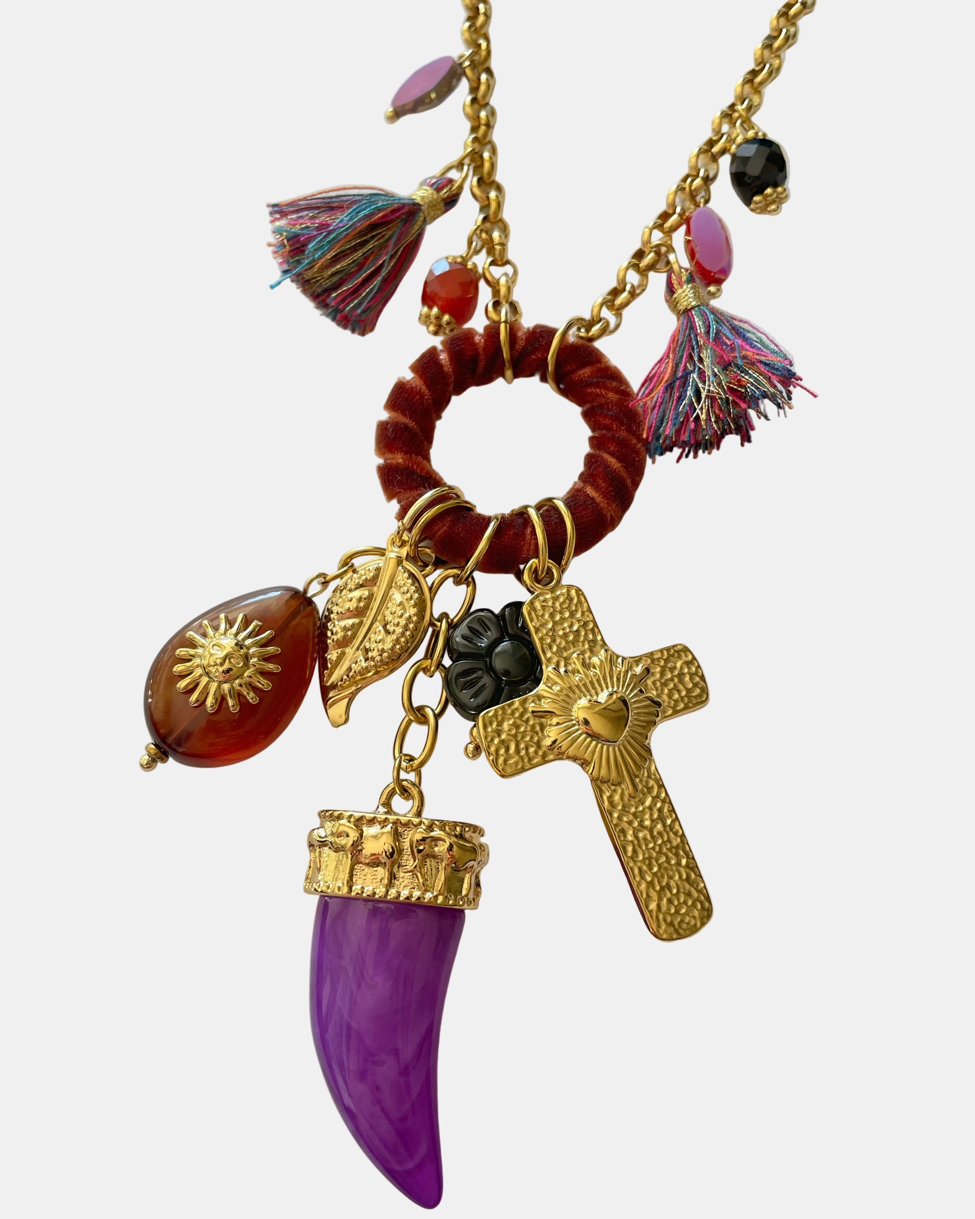 Χειροποίητο γυναικείο χρυσό κρεμαστό κολιέ με μωβ στοιχεία