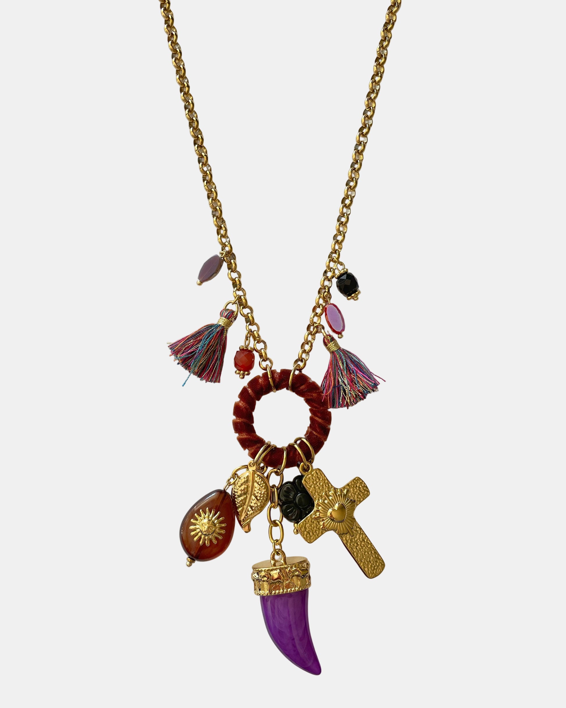 Χειροποίητο γυναικείο χρυσό κρεμαστό κολιέ με μωβ στοιχεία