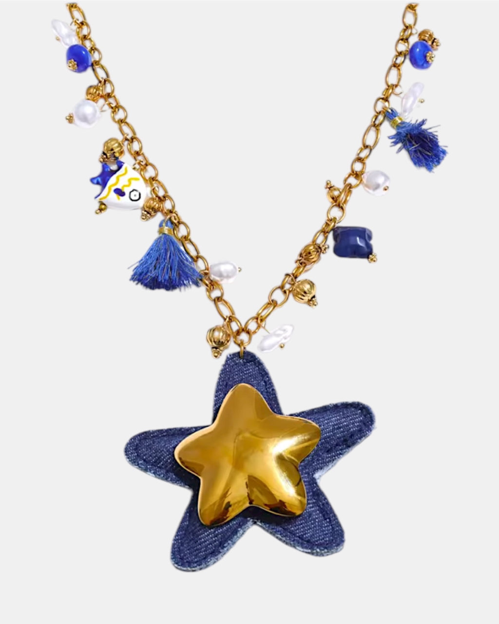 Χειροποίητο γυναικείο κολιέ αλυσίδα μπλε τζιν με μεγάλο τζιν αστέρι και χρυσά στοιχεία, ιδανικό για καθημερινή και βραδινή εμφάνιση
