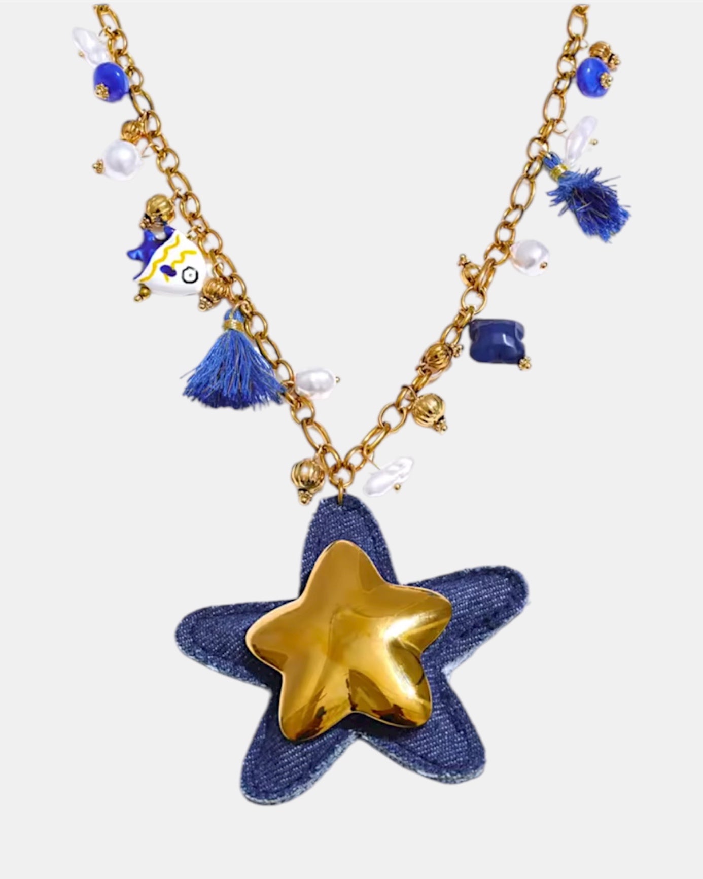 Χειροποίητο γυναικείο κολιέ αλυσίδα μπλε τζιν με μεγάλο τζιν αστέρι και χρυσά στοιχεία, ιδανικό για καθημερινή και βραδινή εμφάνιση