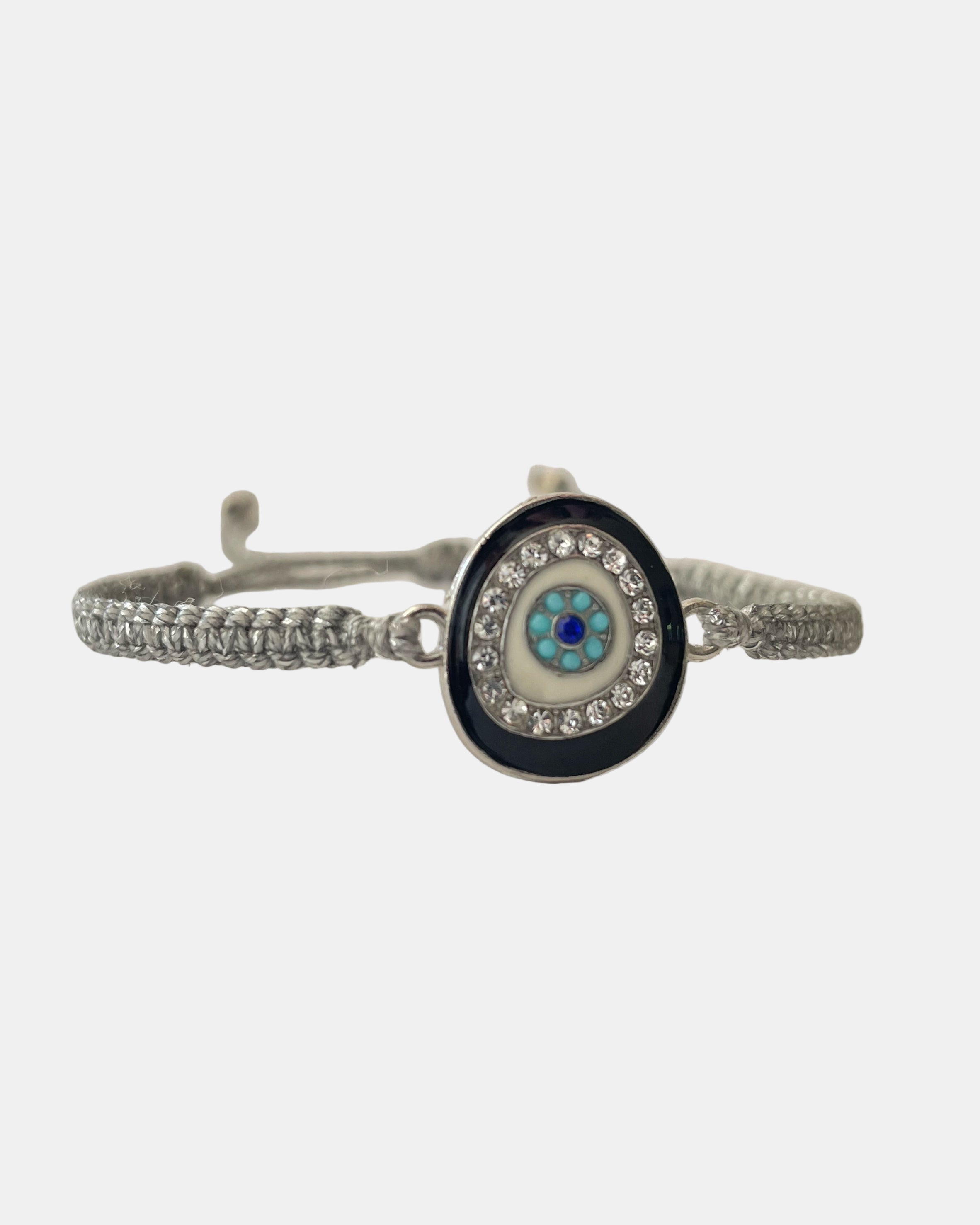 Grey macramé bracelet with eye charm handmade jewelry design