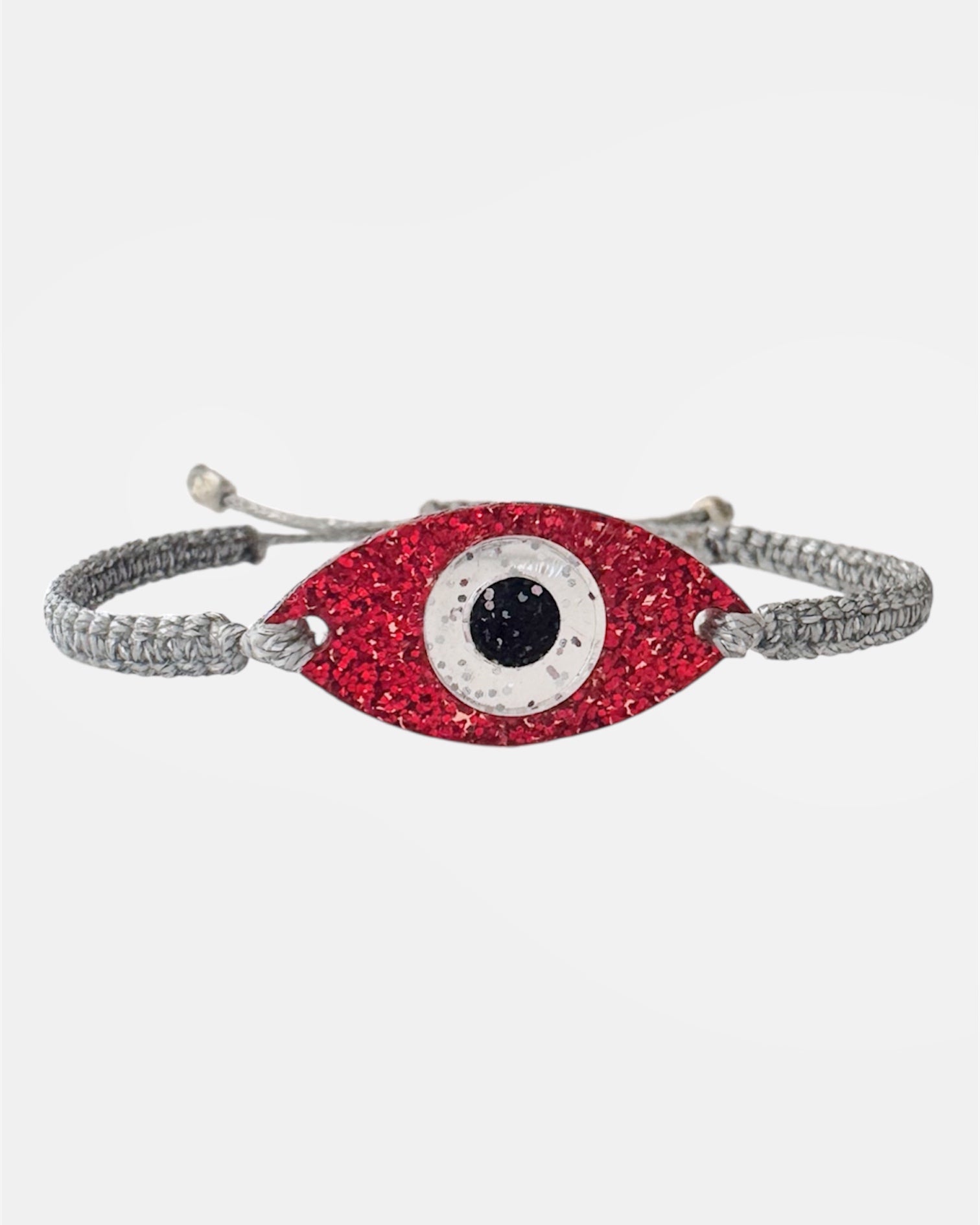 Silver macramé bracelet with plexiglass eye charm handmade jewelry design