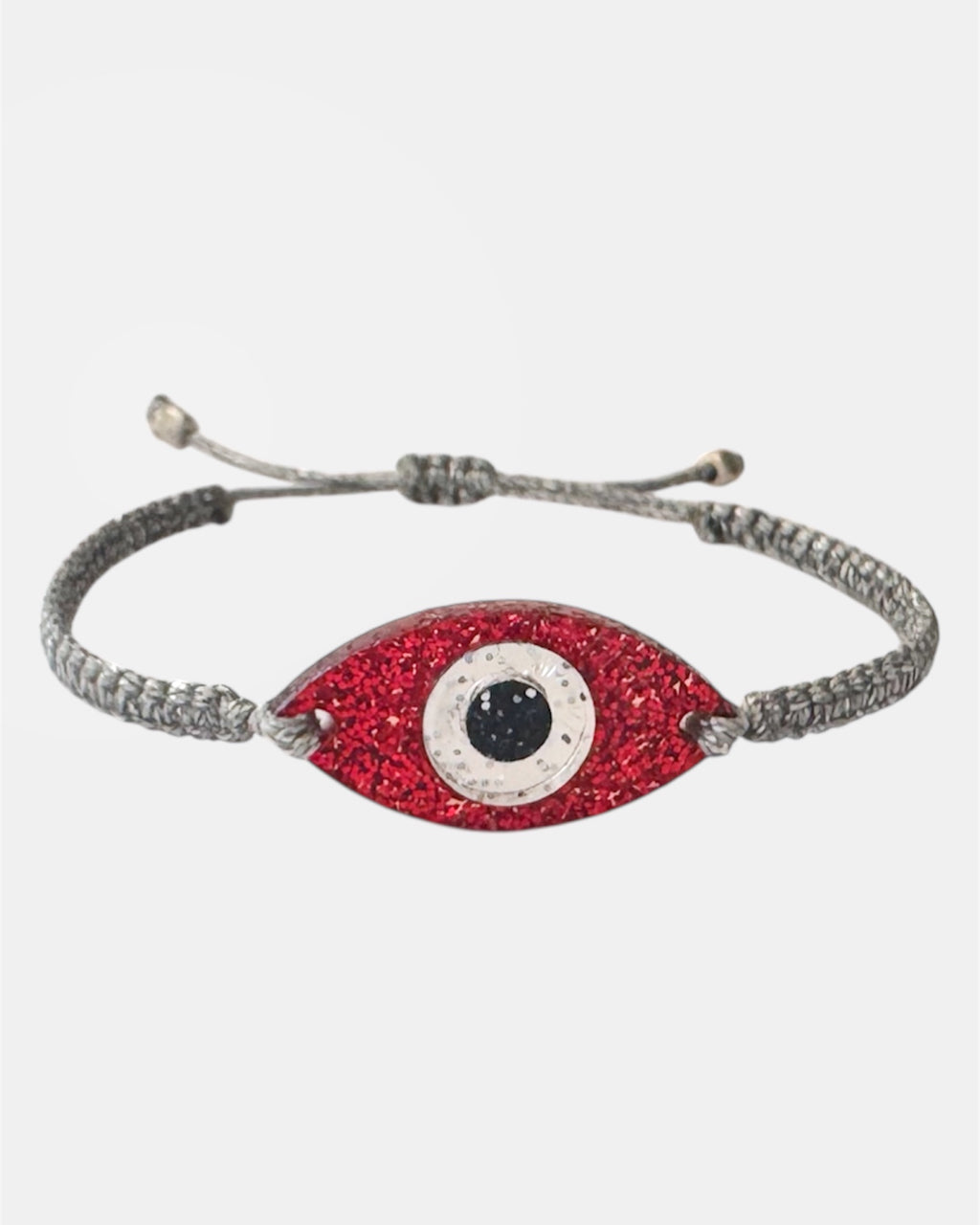 Silver macramé bracelet with plexiglass eye charm handmade jewelry design