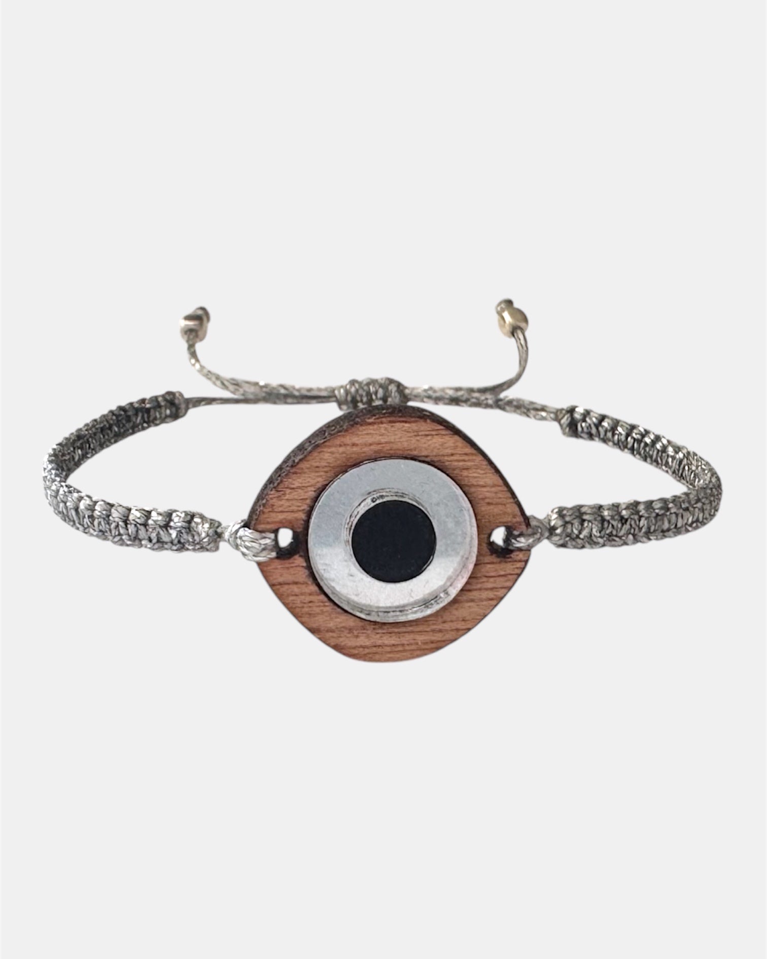 Silver macramé bracelet with wooden eye charm handmade jewelry design