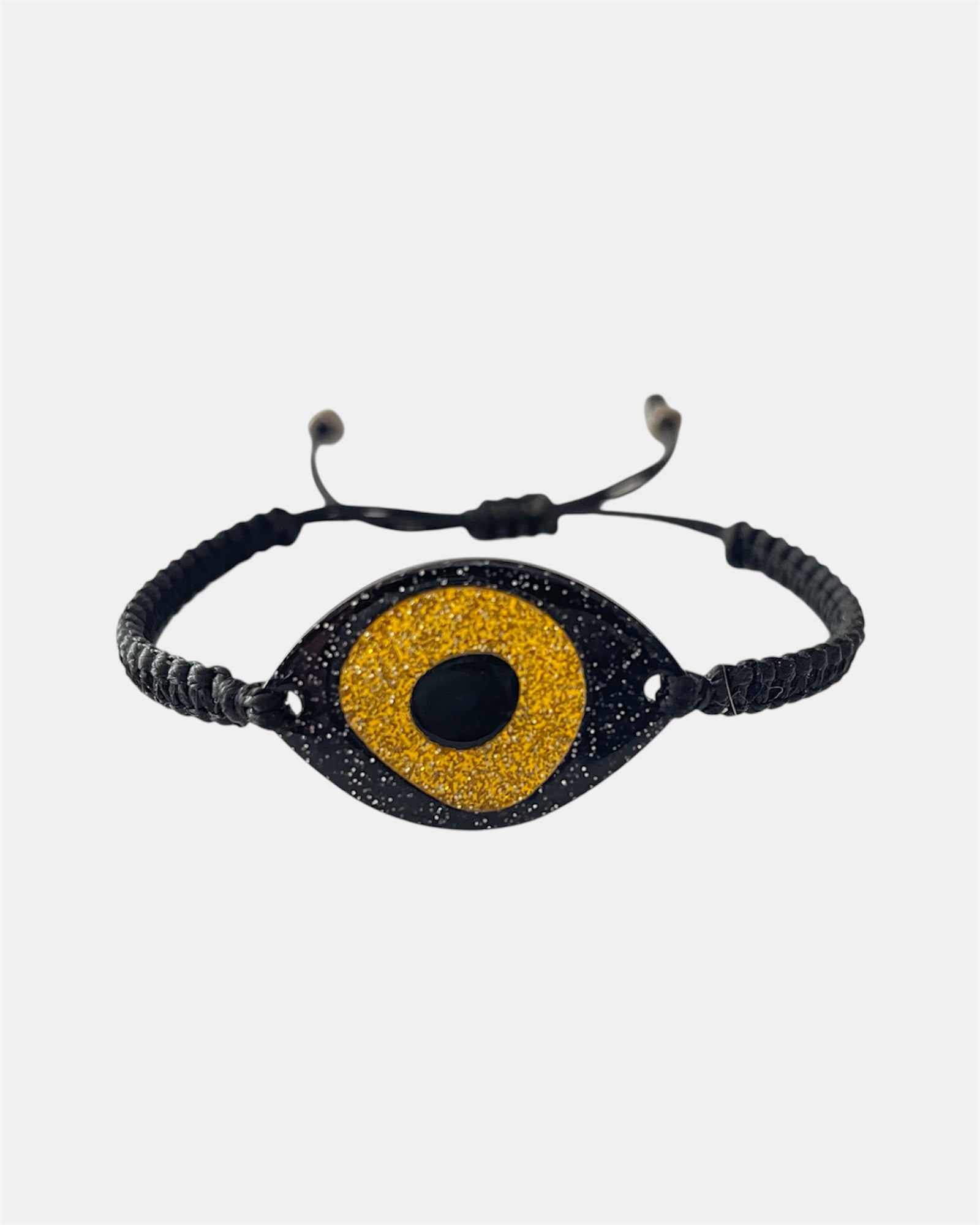 Χειροποίητο μαύρο μακραμέ βραχιόλι με γούρι μάτι σε χρυσό και μαύρο