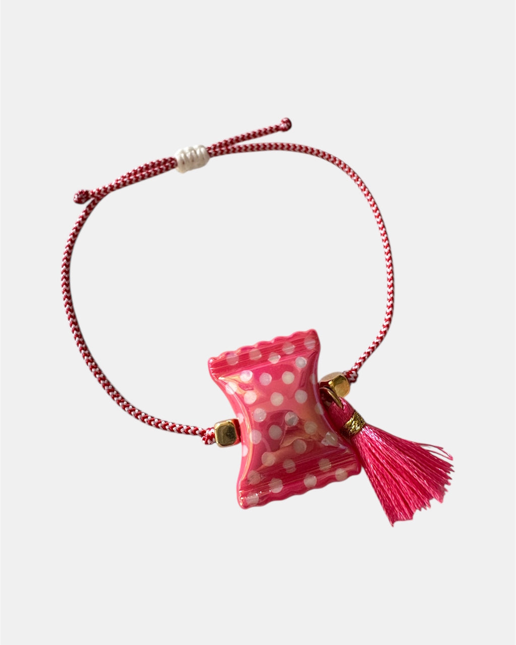 Χειροποίητο μαρτάκι με κόκκινο γυάλινο στοιχείο με πουά και κόκκινη φούντα