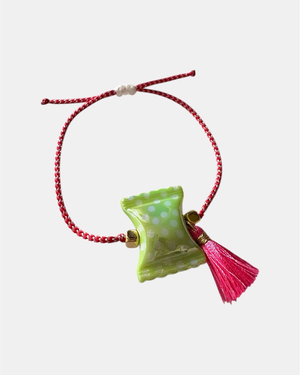 Χειροποίητο μαρτάκι με πράσινο γυάλινο στοιχείο και κόκκινη φούντα σε κόκκινο-λευκό κορδόνι