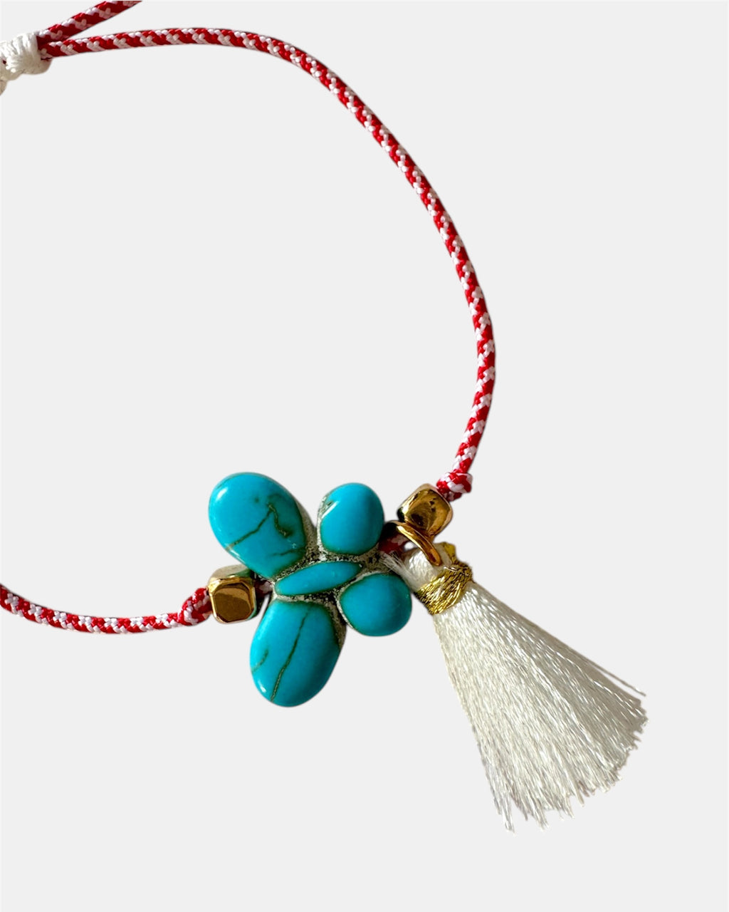 Χειροποίητο μαρτάκι με τιρκουάζ πεταλούδα, λευκή φούντα και κόκκινο-λευκό κορδόνι