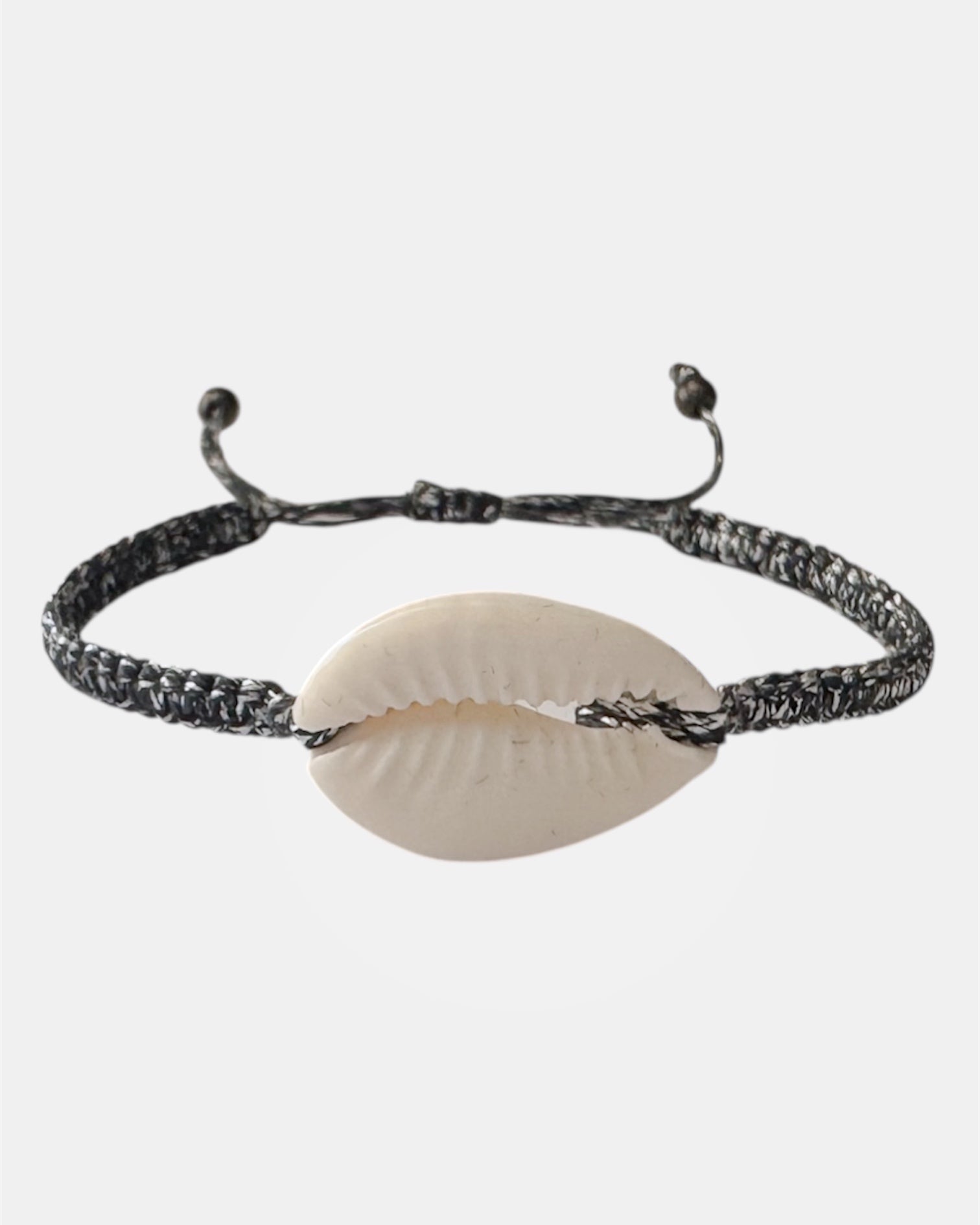 metallic gray macrame bracelet with white seashell charm, handmade adjustable bracelet for women and girls