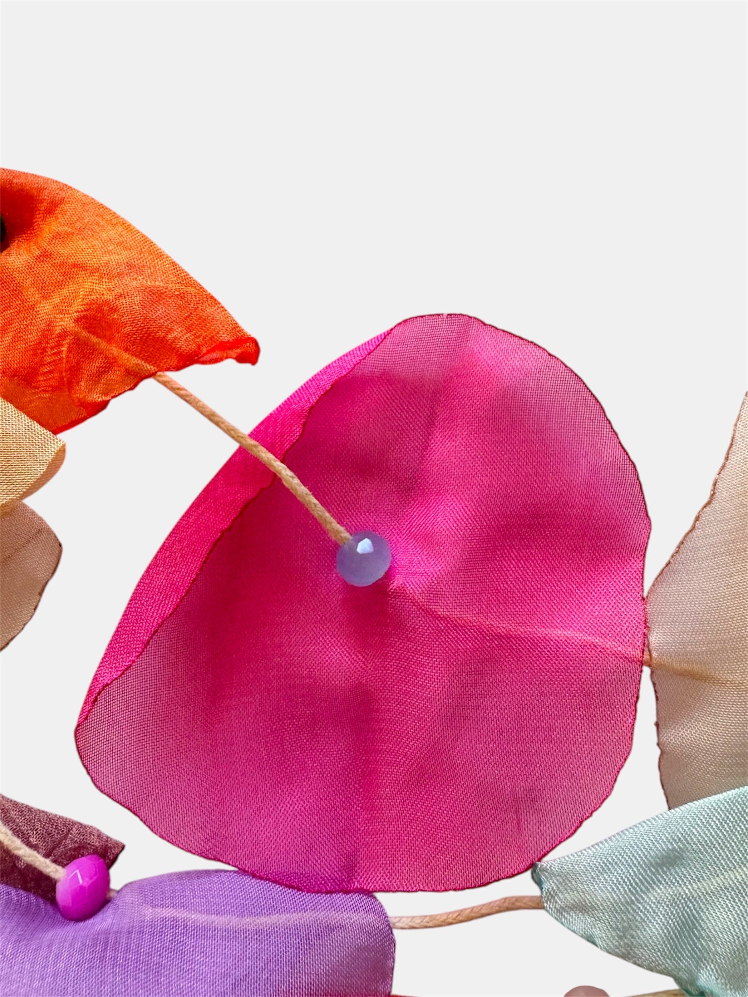 Multicolored necklace adorned with fabric flowers for a vibrant and whimsical style