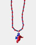red and blue necklace with glass beads and seahorse charm, handmade jewelry piece for women and girls
