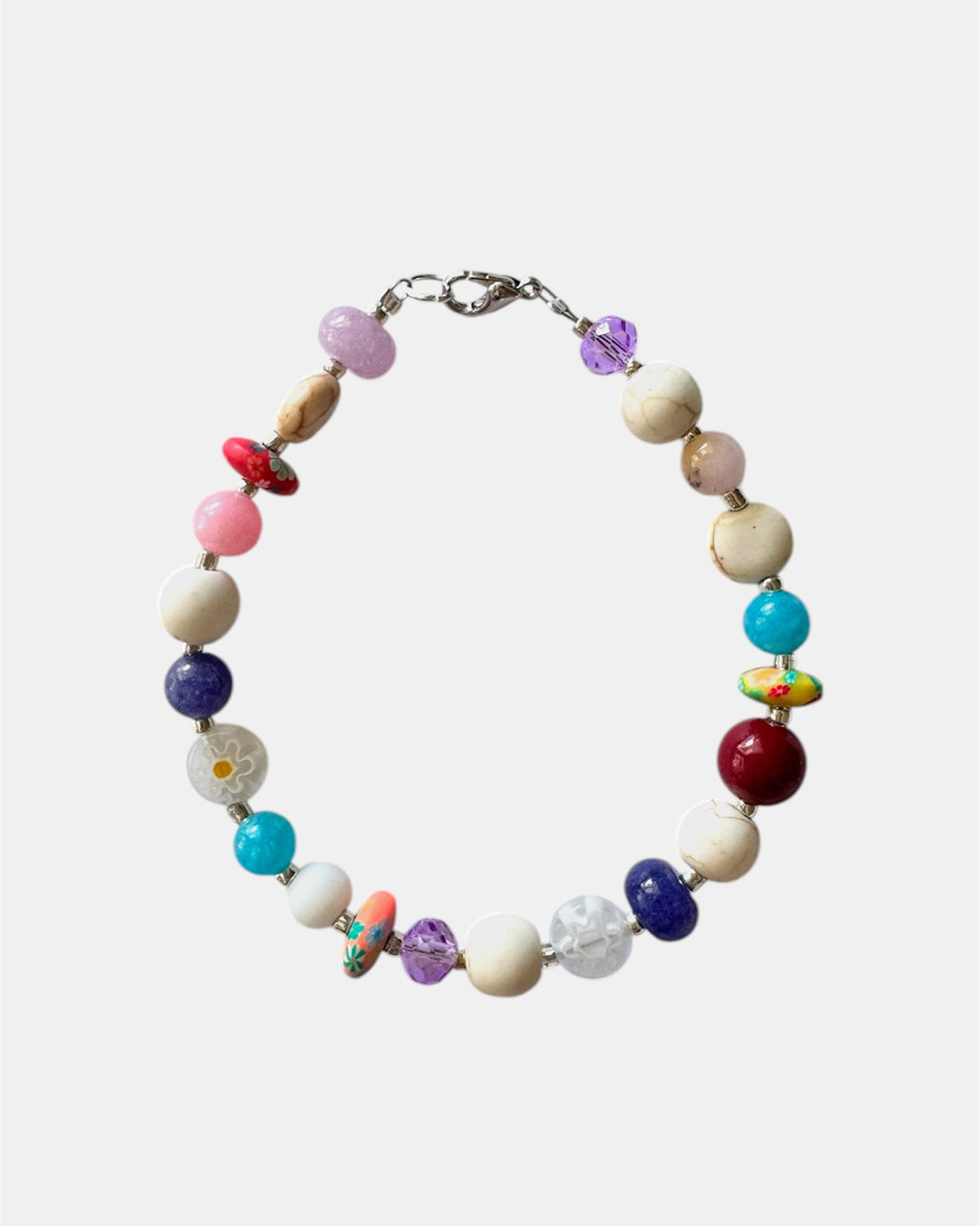 Silver bracelet with multicolored beads