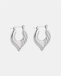 Silver hoop earrings with twisted heart design.