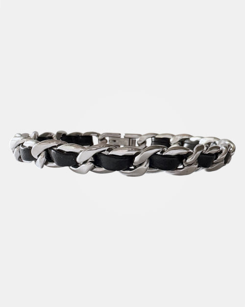 silver men's chain bracelet with black weave detail, stylish jewelry accessory for men