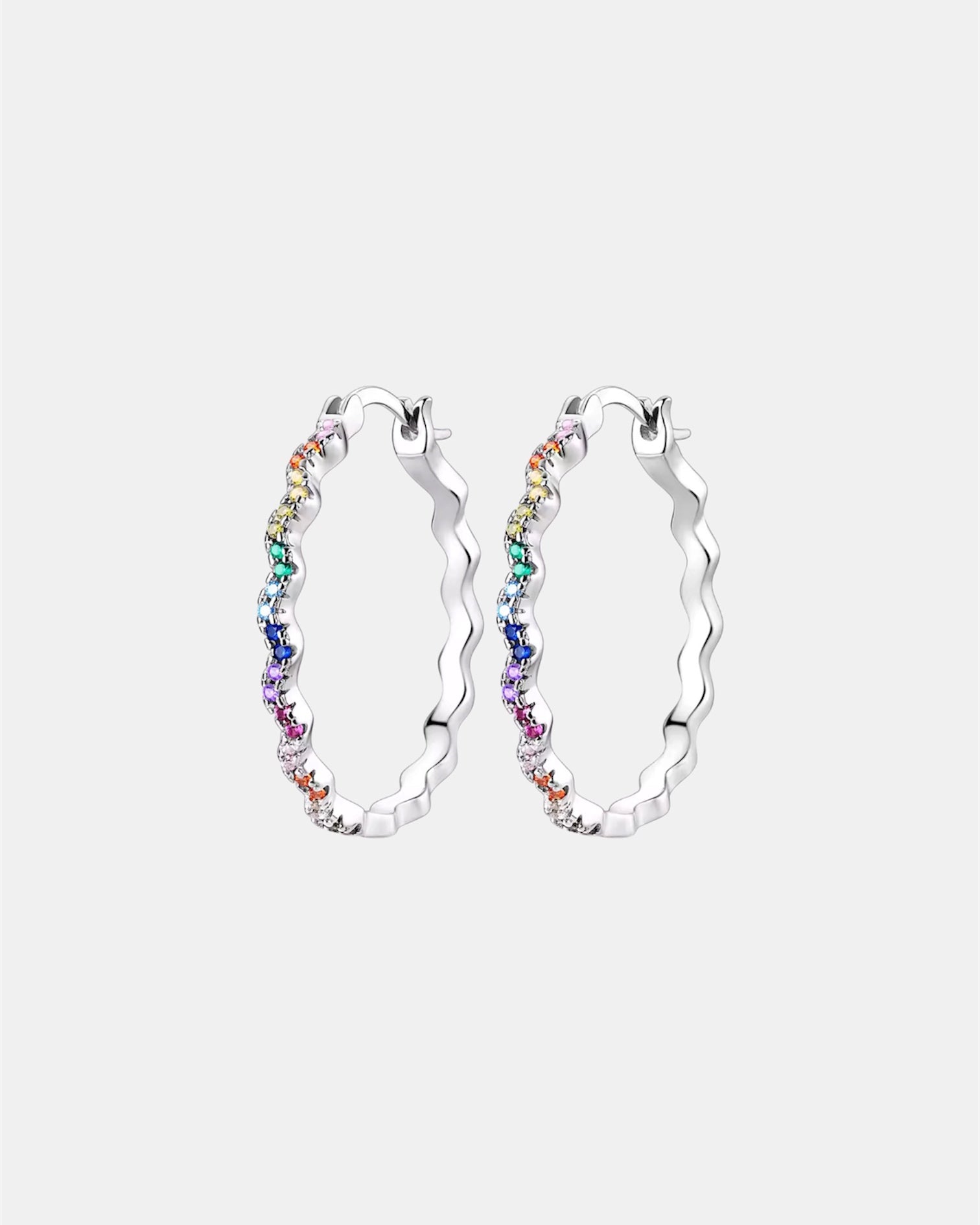 Silver rainbow hoop earrings made of 925 silver with colorful enamel design