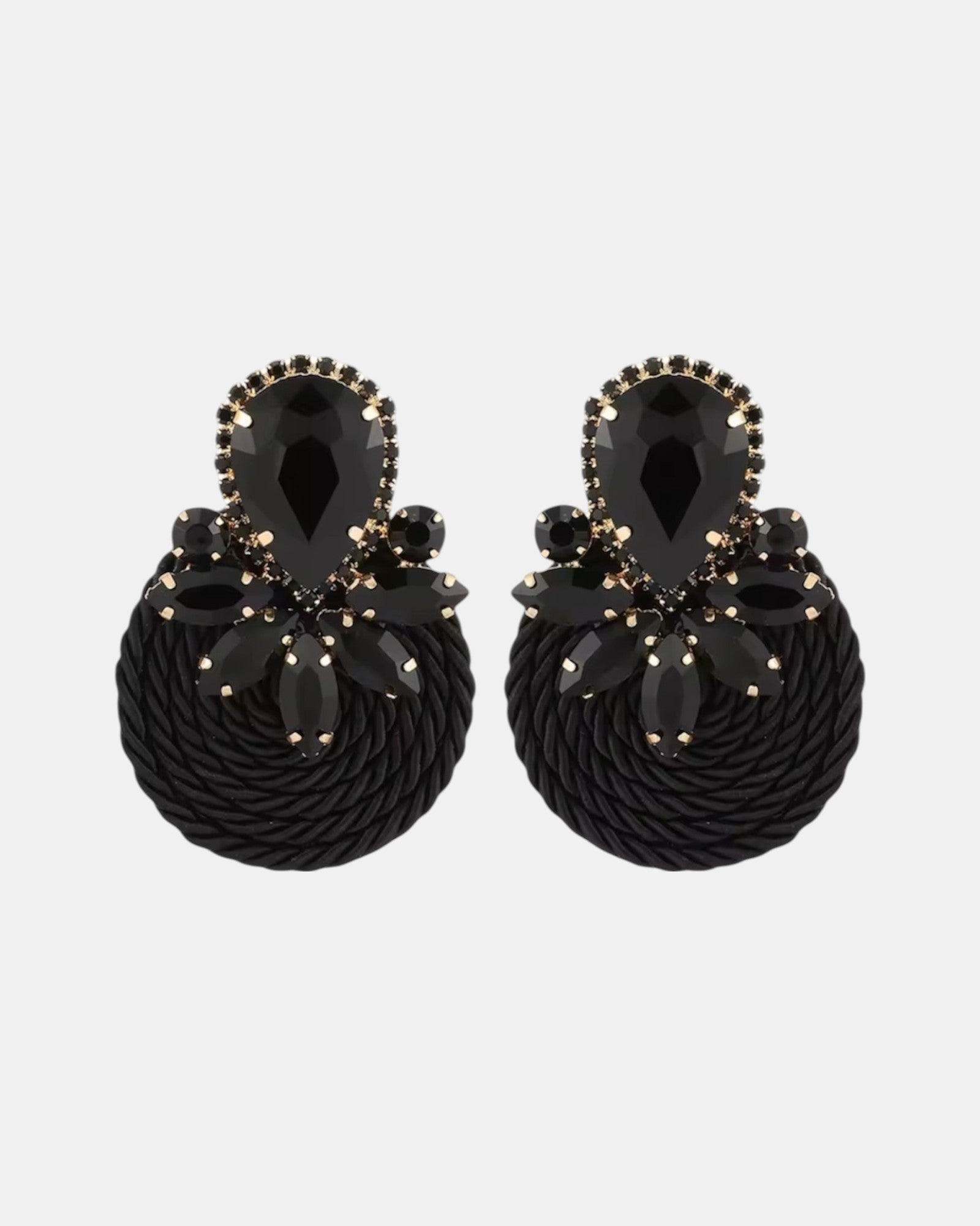 Σκουλαρίκια με μαύρες πέτρες και υφασμάτινη πλεξούδα, κρεμαστά, εκλεπτυσμένο σχέδιο