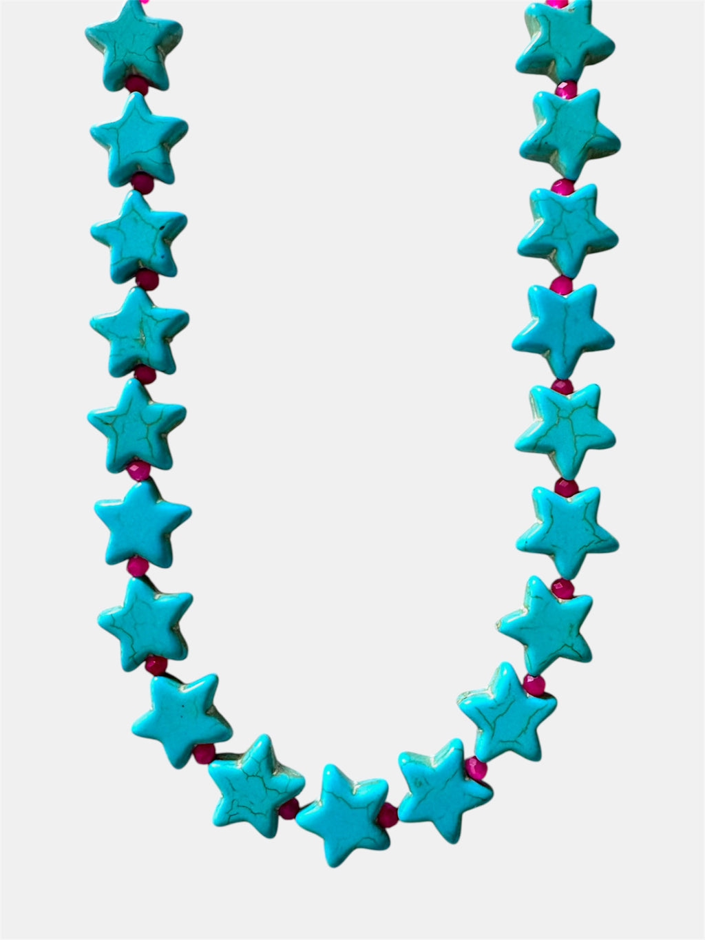 Necklace with blue star-shaped beads on a white background