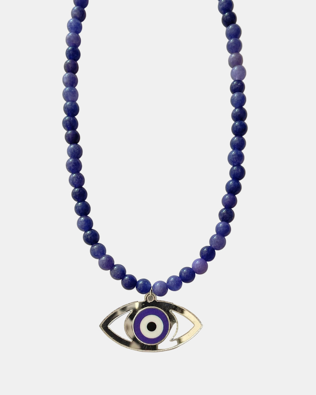 Χειροποίητο γυναικείο κολιέ με μπλε χάντρες και διακοσμητικό μάτι από plexiglass