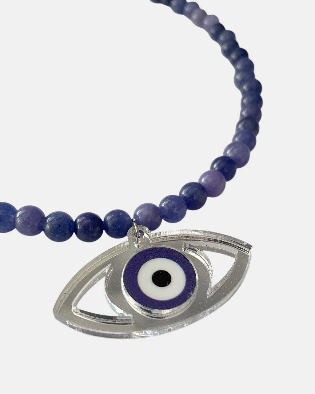 Χειροποίητο γυναικείο κολιέ με μπλε χάντρες και διακοσμητικό μάτι από plexiglass