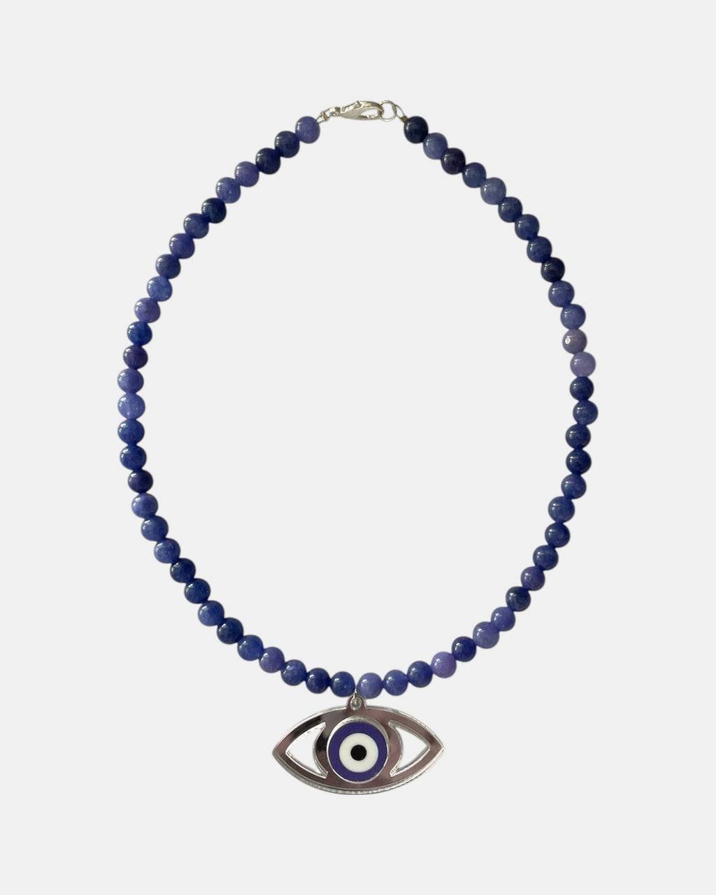 Χειροποίητο γυναικείο κολιέ με μπλε χάντρες και διακοσμητικό μάτι από plexiglass