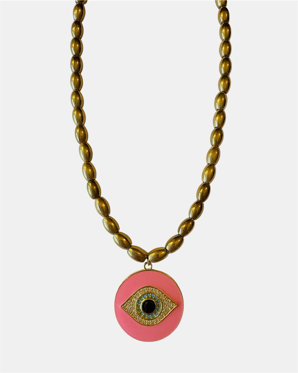 Χειροποίητο κολιέ με χρυσές χάντρες και ροζ μάτι, γυναικείο κόσμημα με προστατευτικό σύμβολο, μοντέρνο κολιέ για layering, κομψό και ιδιαίτερο δώρο για γυναίκα.