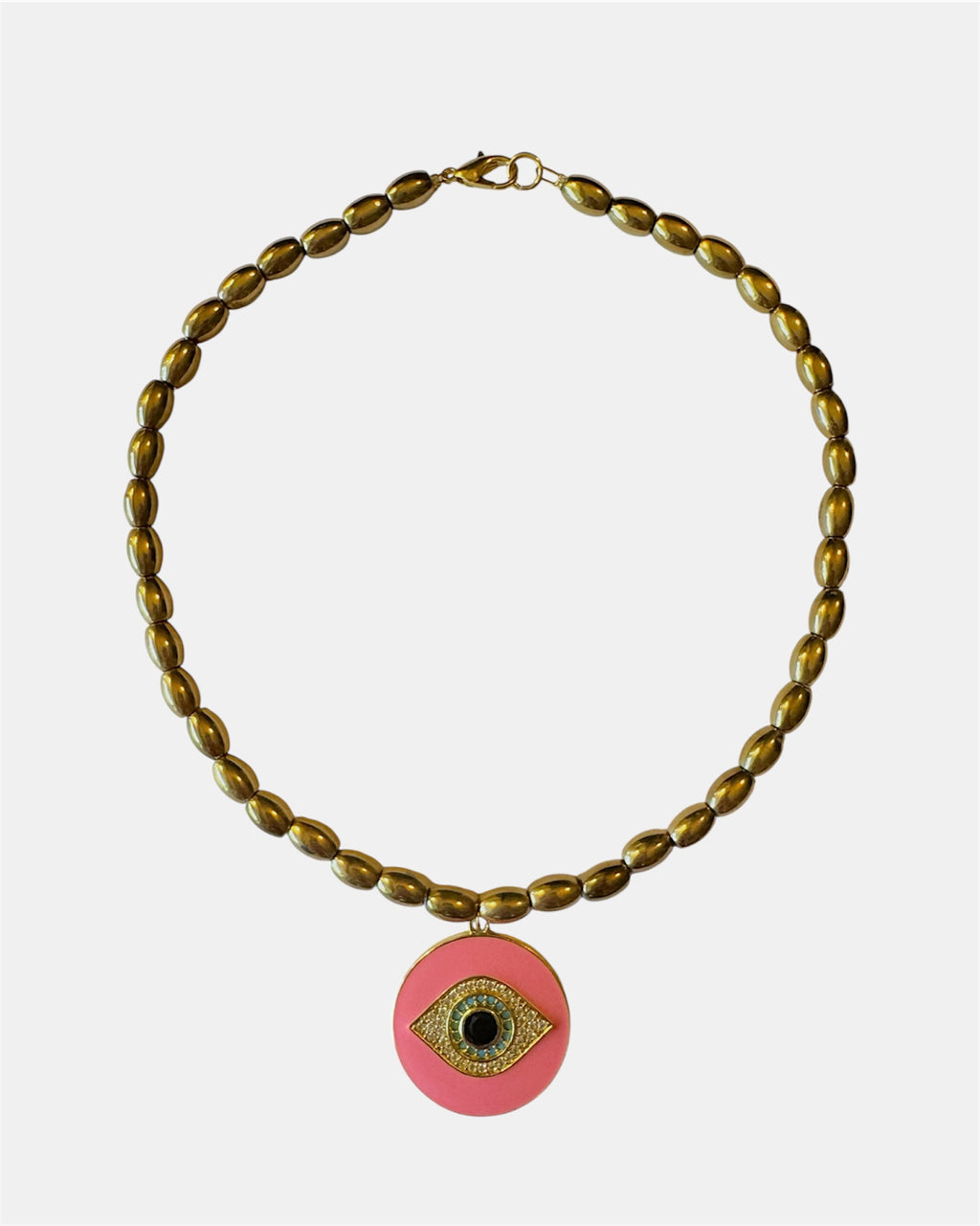 Χειροποίητο κολιέ με χρυσές χάντρες και ροζ μάτι, γυναικείο κόσμημα με προστατευτικό σύμβολο, μοντέρνο κολιέ για layering, κομψό και ιδιαίτερο δώρο για γυναίκα.